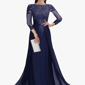 Elegant Navy Long Sleeve Evening Dress